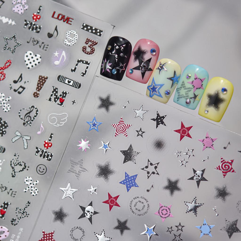 5D Graffiti Punk Nail Art Sticker Dark Star Skull Plaid Polka Dot Spiral Mini Circle Self-adhesive Manicure Decoration
