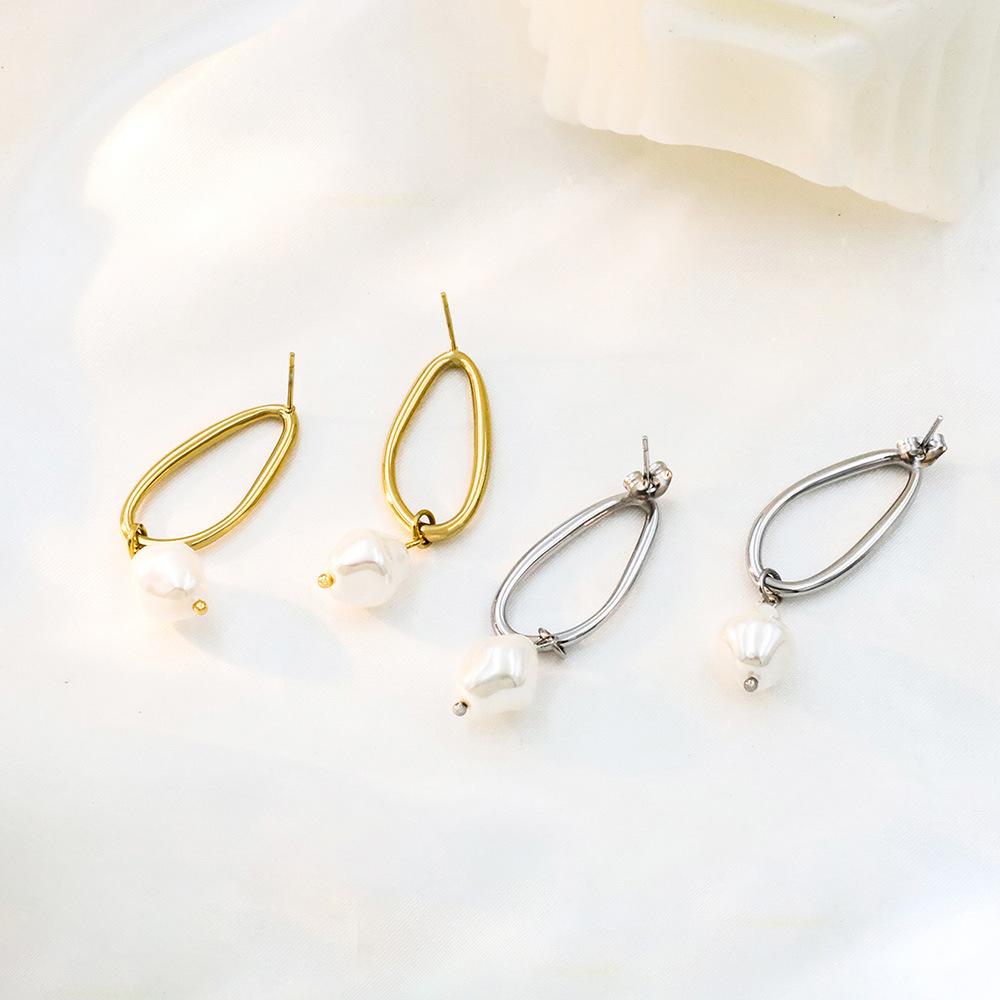 Accessories 18K Geometric Titanium Steel Pearl Stud Earrings Women'S Non-Fading Baroque Pearl Earrings