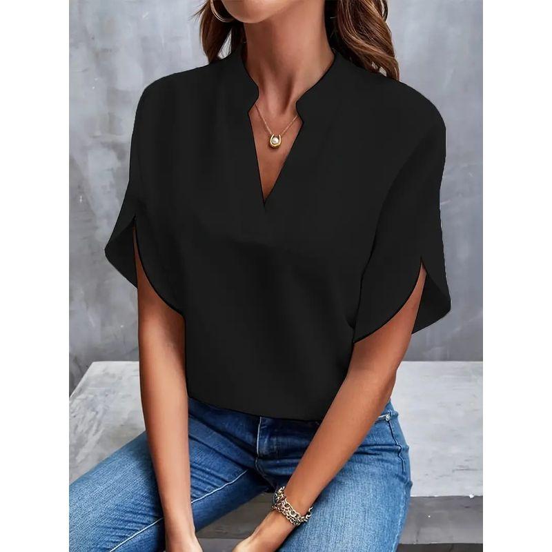 

V-neck Five Quarter Sleeve Sleeve Top V Neck Pure Color Casual Tops Black S