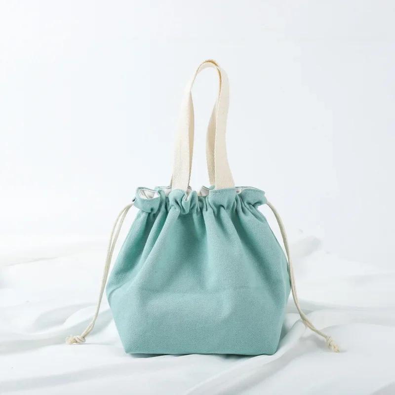 Small Fresh Drawstring Canvas Bag Hand Handbag Japanese Portable Bento Bag Large Capacity Bunched Lunch Box Bag