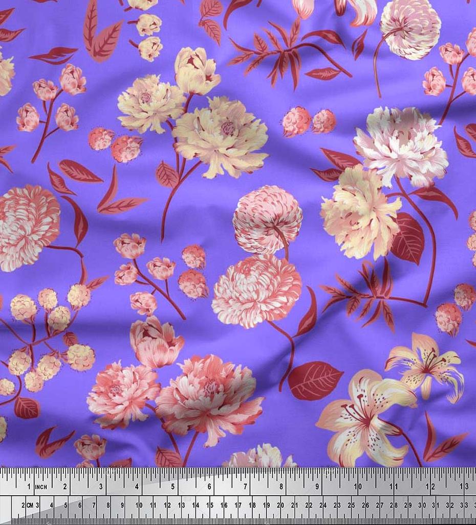 Soimoi Japan Crepe Satin Fabric Leaves,Peony & Dahlia Flower Printed Fabric 1 Metre 42 Inch