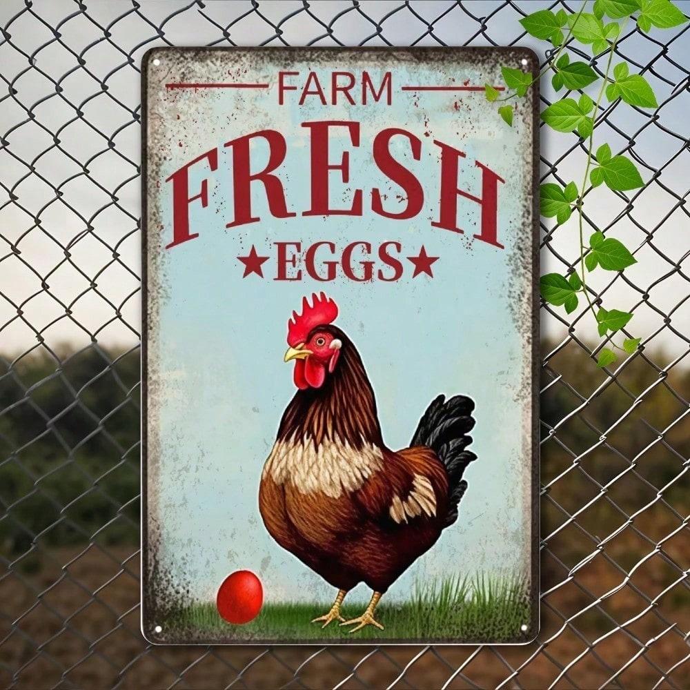 Vintage Chicken Farm Eggs Metal Tin Sign, Rustproof UV Resistant 2D Flat Wall Art Decor