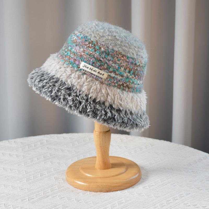 Women Autumn Winter Warm Thicken Ear Protector Hat Cold Velvet Knitted Fisherman Hats Sweet Cute Stripe Bucket Cap