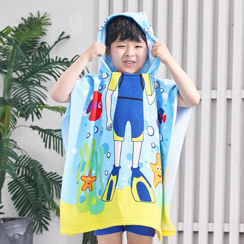 Large Cute Kids Hooded Bath Towel Cloak Cartoon Print Boys Girls Bathroom Beach Can Wear Super Absorbent Child Sunscreen Shawel