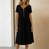 Women's Fashionable Color Round Neck Short Sleeved Button Neck Mid Length Casual Dress