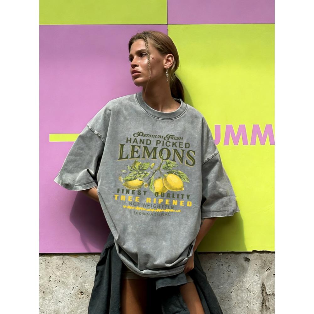 

Fresh Hand Picked Lemons Print Washed T-Shirt Women Summer Casual T Shirt Cotton Loose Short Sleeve O-Neck Clothes 3XL