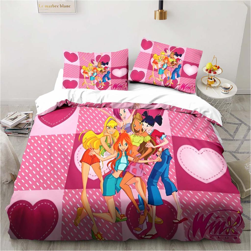 Set di biancheria da letto Kawaii Anime Winx Letto a tre pezzi Singolo Doppio King Size Set di letto per adulti e bambini Set copripiumino per bambini Regalo per bambini