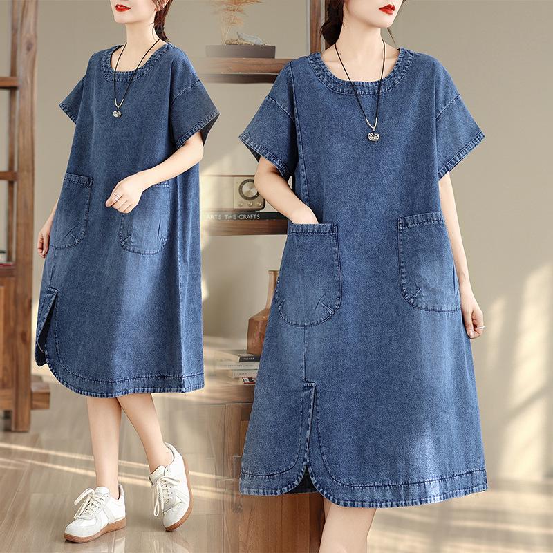 2026 Summer Retro Plus Size Slimming Denim Midi Dress L