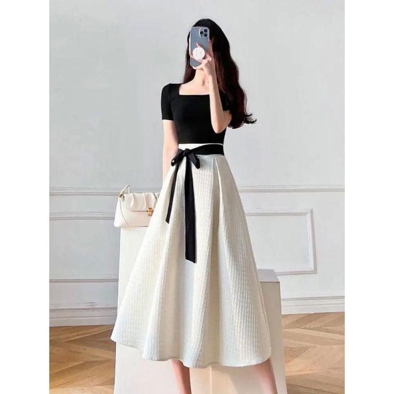 Short-Sleeve Skirt Strappy Dress Elegant Women's Short-Sleeved Skirt Tied Dress