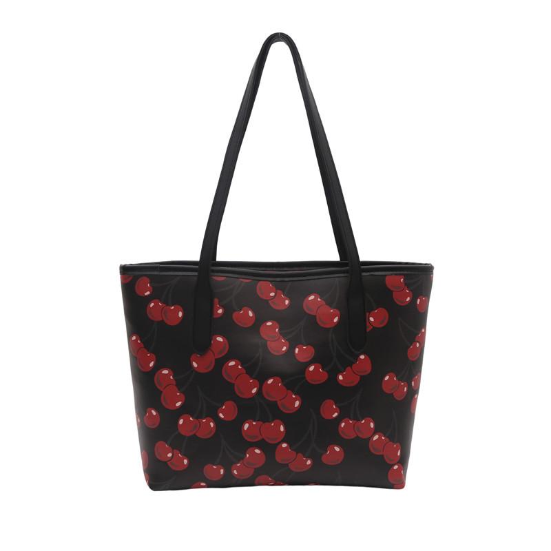 Cherry Print Large Capacity Tote Bag Faux Leather Shoulder Handbag Trendy Street Style Commuter Purse for Women