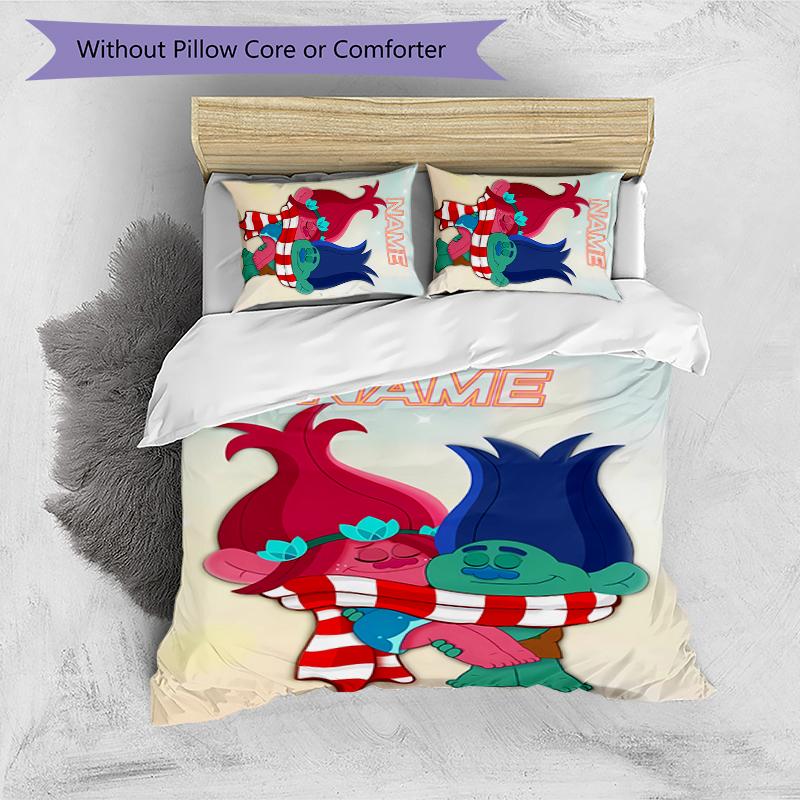3pcs Custom Name Trolls Bedding Set Duvet Cover Closure Includes 1 Duvet Cover & 2 Pillowcases for All Seasons Bedroom Decor