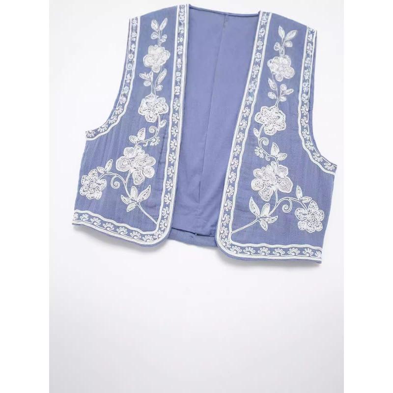 2024 Vintage květinová výšivka Barevný blok Vesta – Jarní bezrukávový top s otevřeným předním dílem