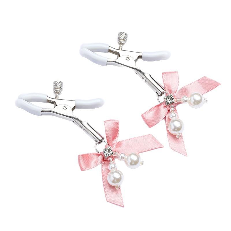 Pink Adjustable Metal Nipple Clamps with Soft Non-Slip Pads Bow Pearl Rhinestone Decor for Couples Intimate Bedroom Play