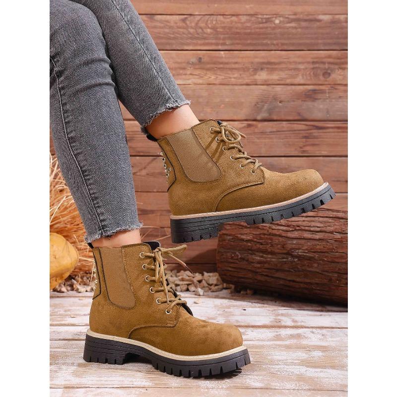 Round Toe Lace-up Muffin Suede Plus Size Booties 2025 Winter Thick Heel British Style Martin Boots for Women