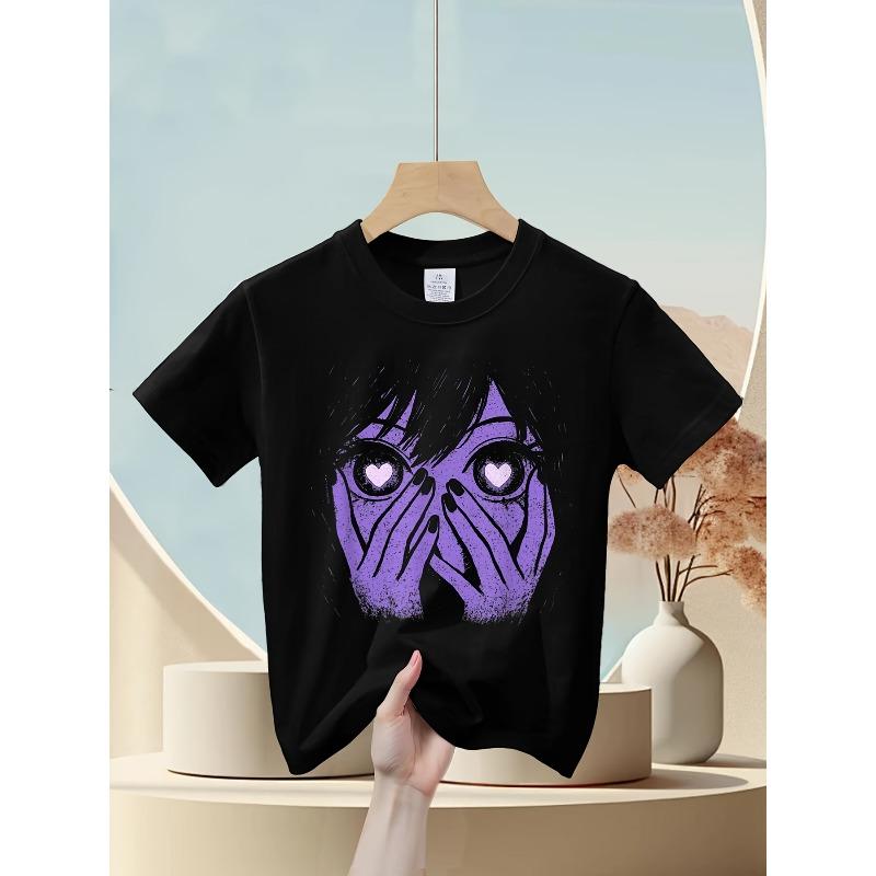 European sizes Soft Breathable Anime Eyes Girl Hearts Manga Otaku Grunge Alt Goth Aesthetic T-Shirt for Kids | Boys & Girls Graphic Tee