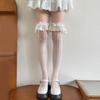 Fishnet Over The Knee Socks With Ruffle Lace Edging And Ribbon Bows Accent Aesthetic Thigh High Stockings For Women
