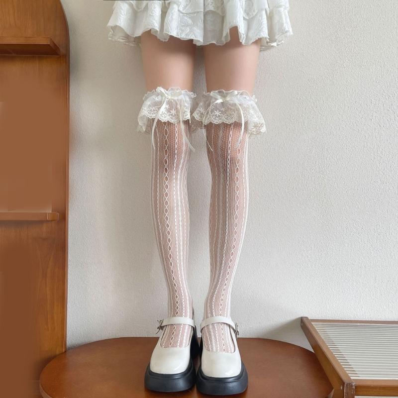 Fishnet Over The Knee Socks With Ruffle Lace Edging And Ribbon Bows Accent Aesthetic Thigh High Stockings For Women