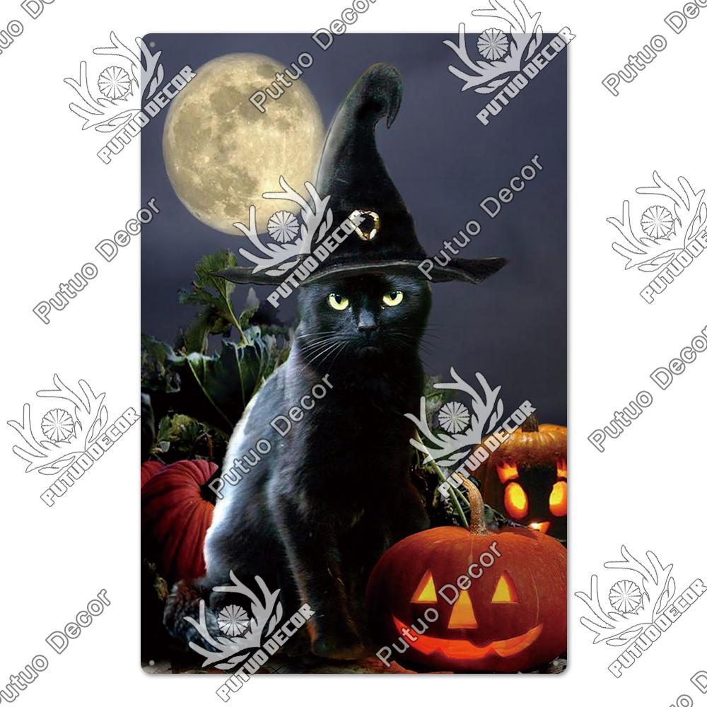 Putuo Decor Halloween Schwarze Katze Vintage Metallschild Plakette Metall Vintage Blechschild für Wohnzimmer Tür Tierhandlung Wanddekoration