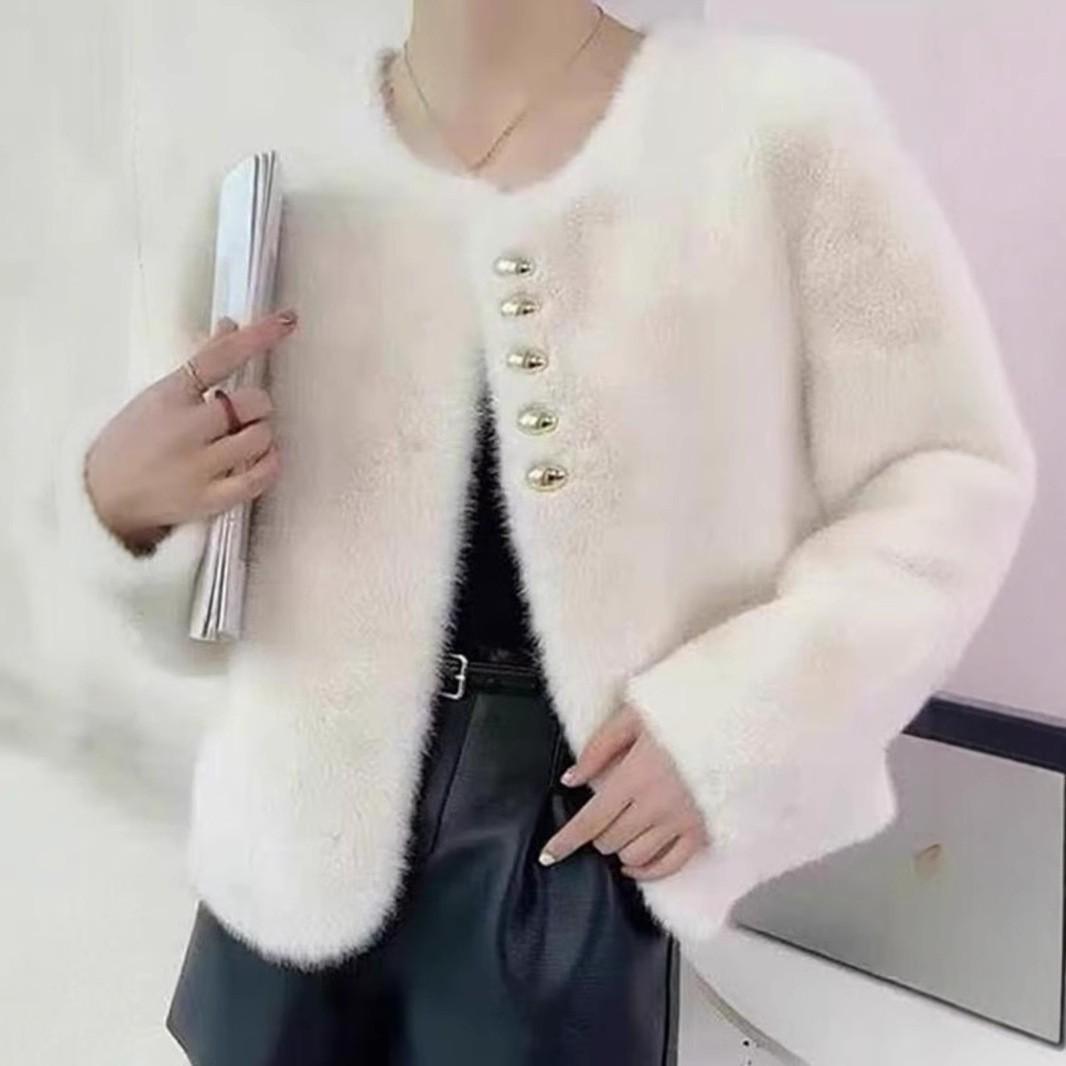 

2024 Женское пальто из искусственного меха норки высокого класса - Осень/Зима Свободный крой XL грязно-белый