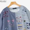ZANZEA Women Casual Round Neck 3/4 Sleeve Loose Patchwork T-Shirts