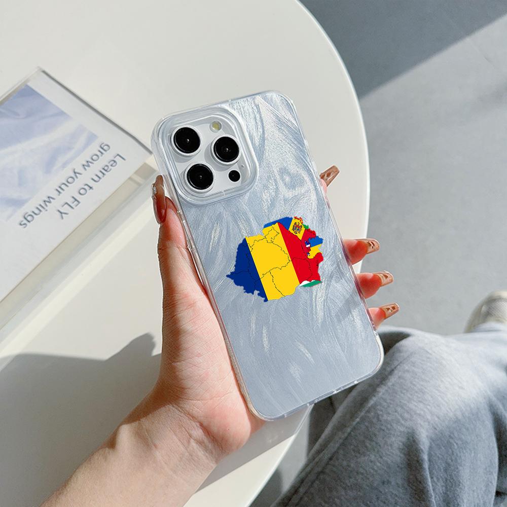 N91 Moldova Flag Art Clear Frame Case for Samsung S25 Ultra A55 iPhone 16 15 Pro Max Xiaomi Redmi Note 13 Feather Chiffon Texture Silver Plated Cover