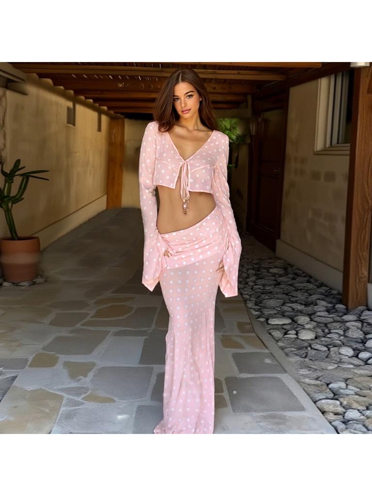 Sexy Rosa Gepunkteter Zweiteiler Badeanzug Überwurf 2025 Sommer Damen Glockenärmel Oberteil Langer Strandrock Set Clubkleid K198