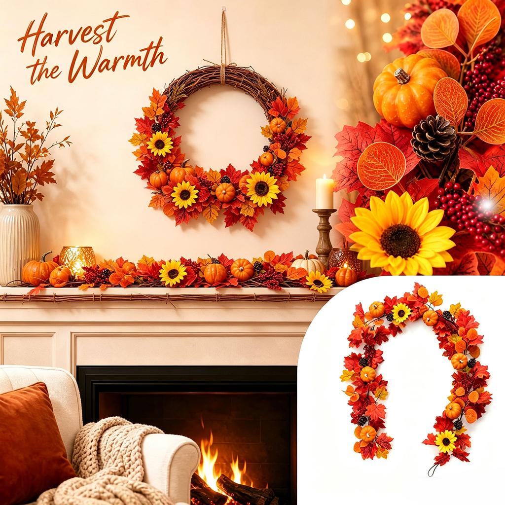 Fall Pumpkin Maple Leaf Garland for Fireplace Mantel and Wall Hanging Decor