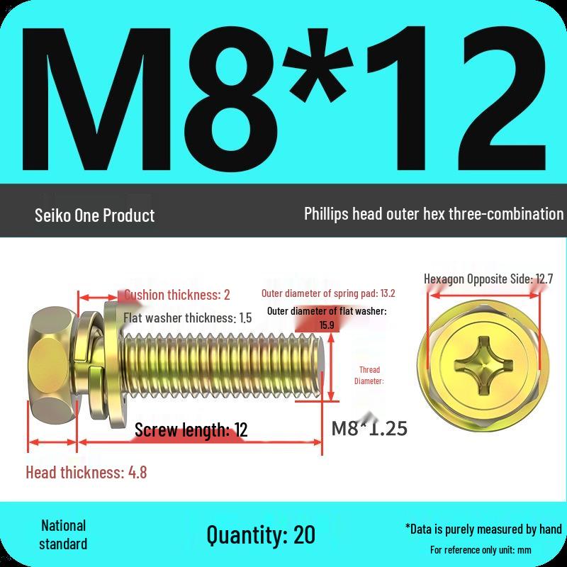 Concave Head Hexagon Combination Bolt Set with Spring Washer and Gasket - 3 Pieces