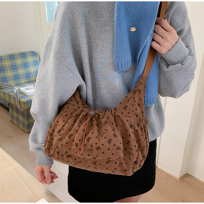 Bow-tie Polka Dot Shoulder Bag Corduroy Crossbody Bag Korean Style Handbag Casual School/commuter Bag Simple Stylish Women's Bag