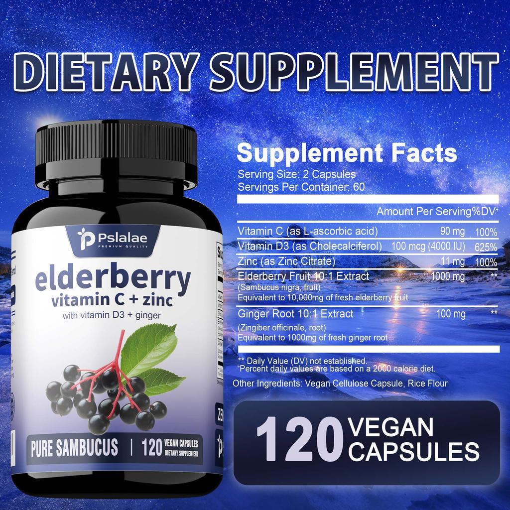 Pslalae Elderberry Capsules, Containing Vitamin C, Vitamin D3 Extract, Immune Support, and Antioxidant Supplement.