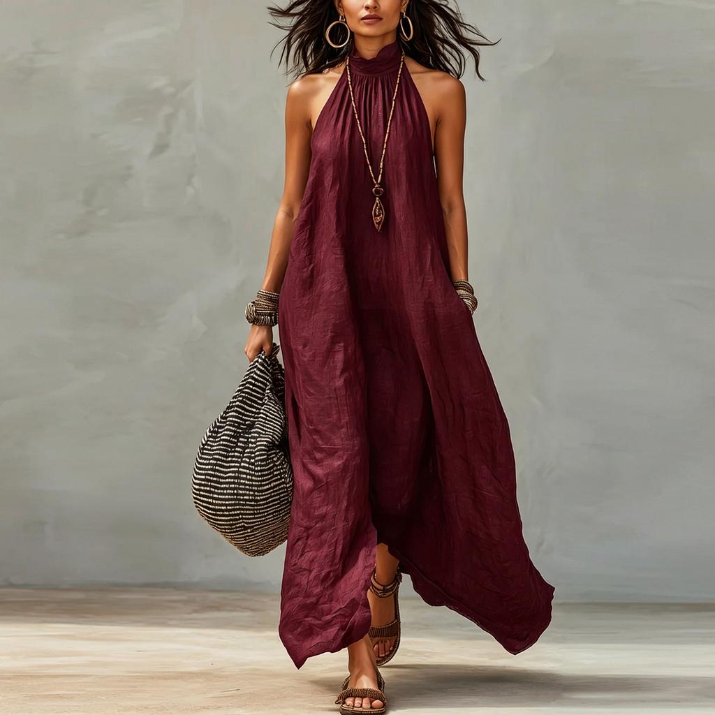 Damen Farb-Hals-Maxikleid für Freizeit