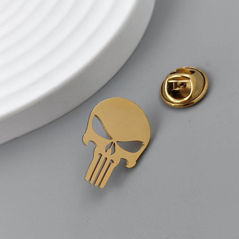 Punisher Skull Gold-plated Badge, Suit Lapel Pin Stainless Steel Black, Anti-exposure Buttons for Women, Brooch for Men