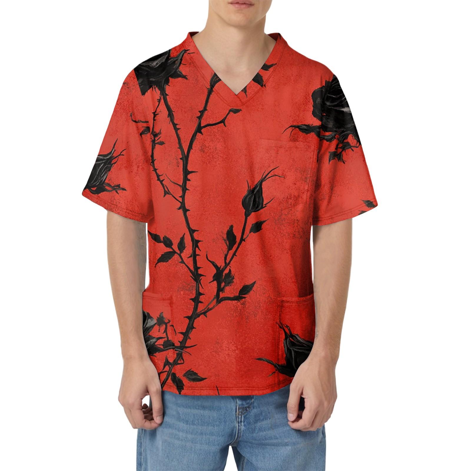 

Мужская рабочая блузка с короткими рукавами и v-образным вырезом с принтом, топ с нагрудным карманом S киноварь