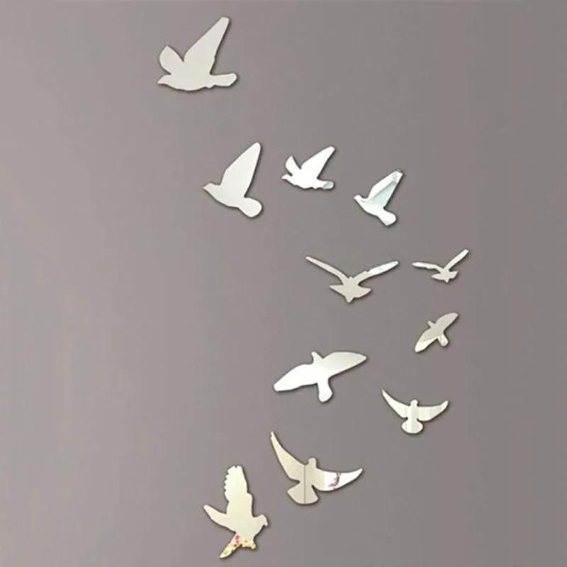 11Pcs Peace Dove Bird Shaped Acrylic Gold Sliver Mirror Stickers Wall Sticker Home Decoration Bedroom Living Room Decor