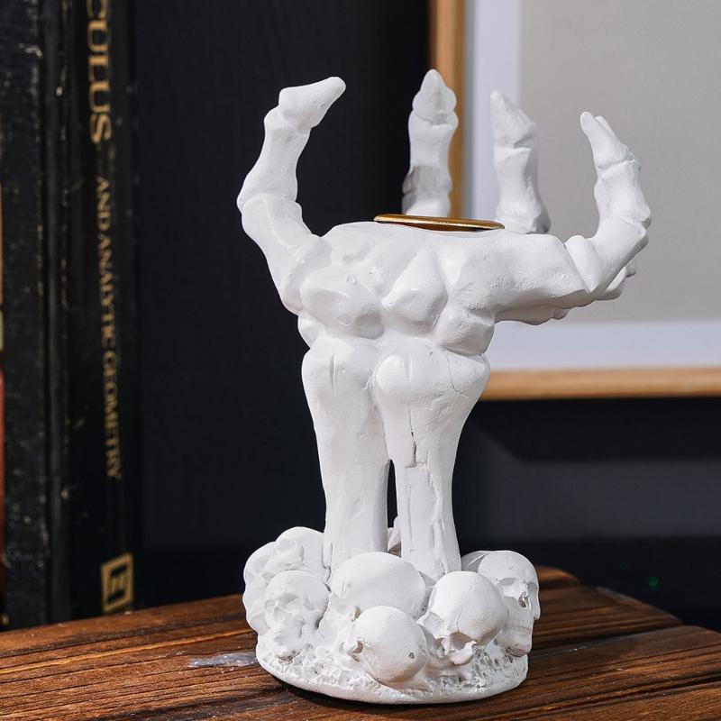 Resin Skeleton Hand Decors Candle Holders, Gothic Accent Rings, Bracelets, Necklace Stand for Halloween Centerpieces, Shelves, and Mantels Displays