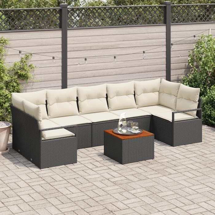 Ensemble de Canapés de Jardin de 8 Pièces avec Oreillers Noir Poly Rattan Acacia, Canapé de Jardin 2 Places avec Rangement &amp; 3356339