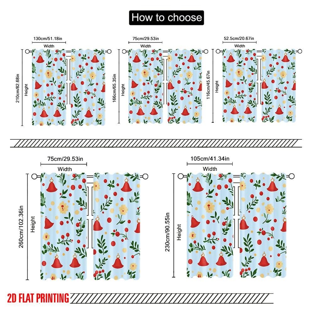 2pcs,2D Plane Printing Pattern Curtains Christmas Bells Holly Durable Polyester (without Rod) Festive for Various Rooms,