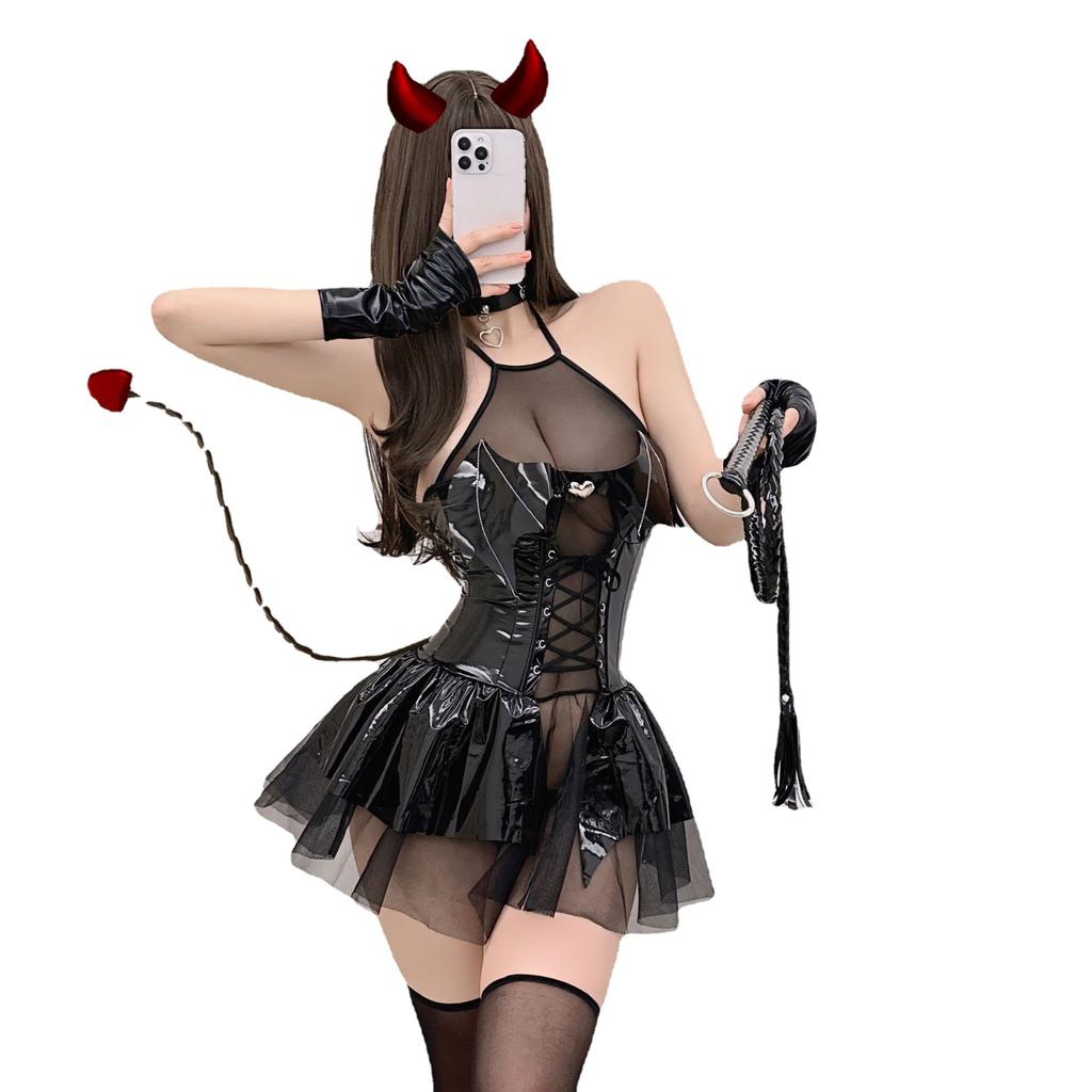 Sex underwear sexy patent leather little devil uniform set bundled Japanese two-dimensional witch cosplay set