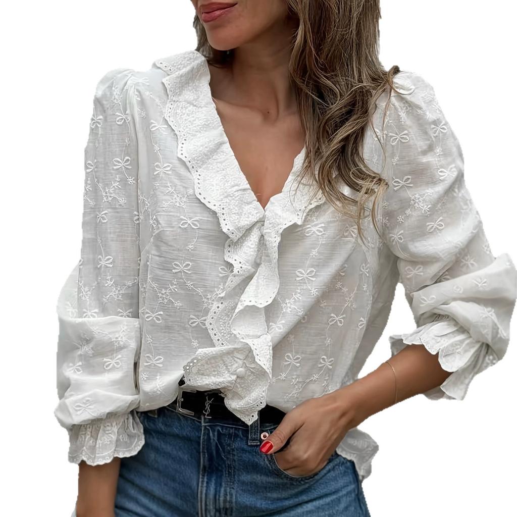 Hot Selling French Embroidered White Shirt Women's Lace V-Neck Bubble Sleeve Long Sleeve Shirt Skinny Commuter Top