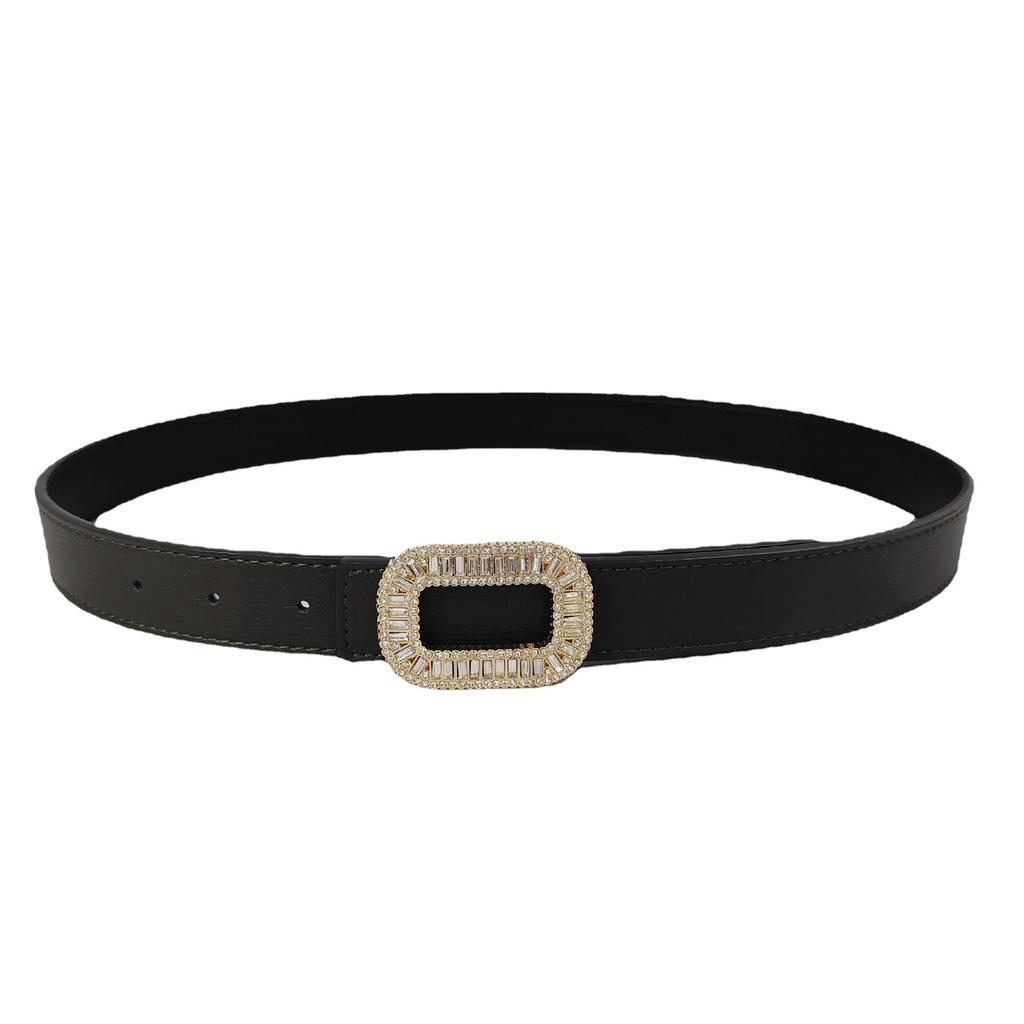 New Color Lychee Pattern Cowhide Belt Women'S Square Diamond-Encrusted Smooth Buckle Simple Jeans Belt