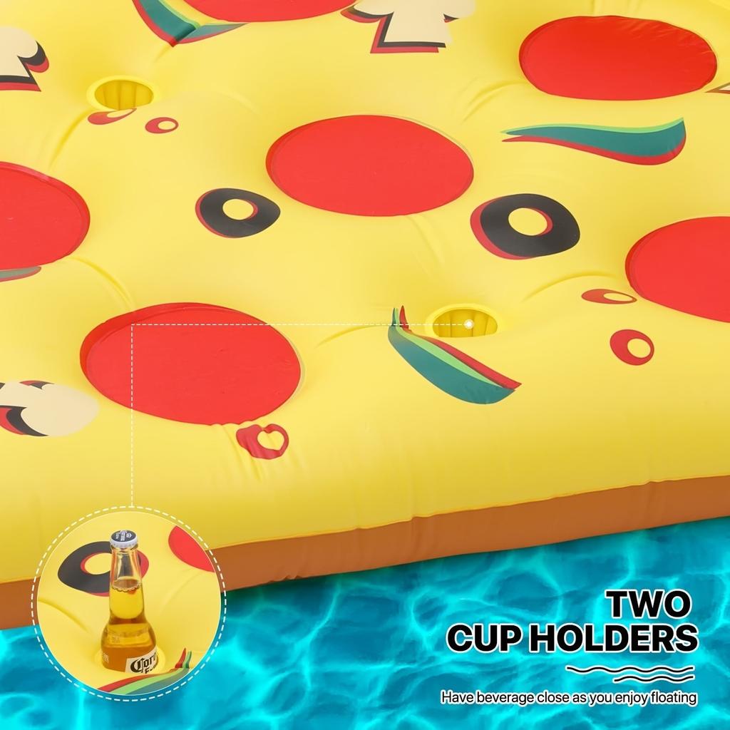 71 Zoll große aufblasbare Pizza-Poolmatratze für Erwachsene – Riesiges Pizzastück-Design, mit Getränkehalter und Schnellaufblasfunktion, robustes PVC