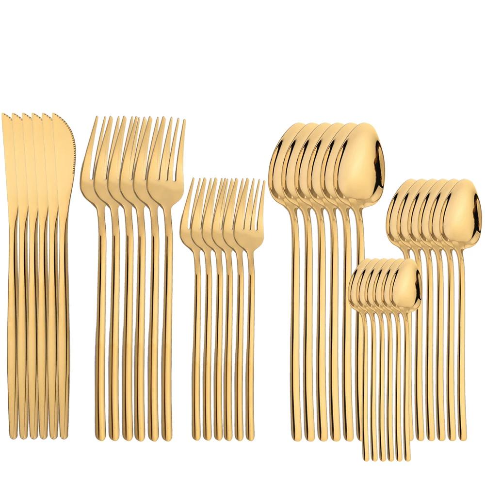 36Pcs Gold Cutlery Set Knife Fork Spoon Dinnerware Set Stainless Steel Tableware Western Flatware Mirror Kitchen Silverware Set
