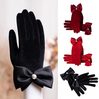 1 Pair Women Fall Winter Gloves Velvet Five Fingers Solid Color Gloves Bow Decor Thick Non-Slip Warm Windproof Prom Wedding Party Jewelry Shop
