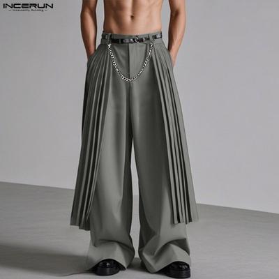 Men Zip-up Waist Front Layers Solid Casual Long Pleated Pants Trousers