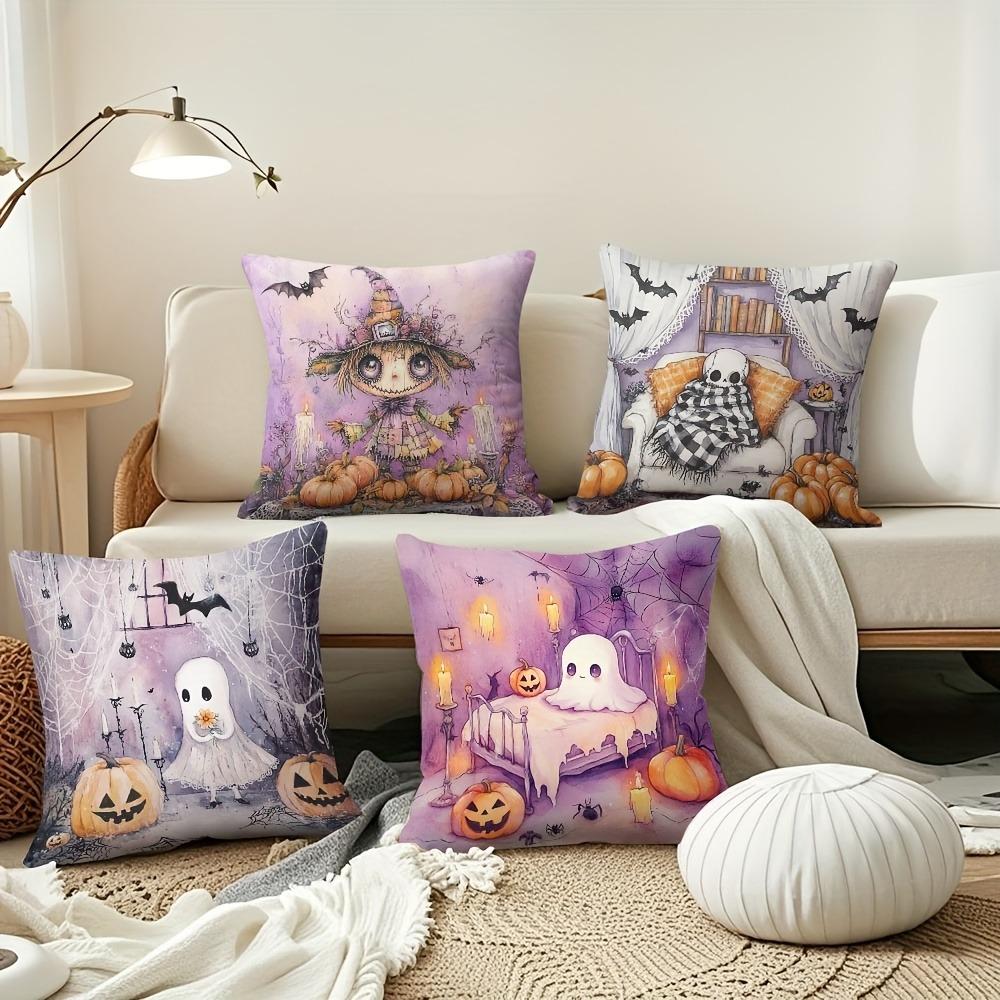 Heminredning Halloween-tema Spöke Och Pumpa Kuddfodral Mönster Kuddfodral Lämpligt För Soffa Sovrum Bil Kuddfodral