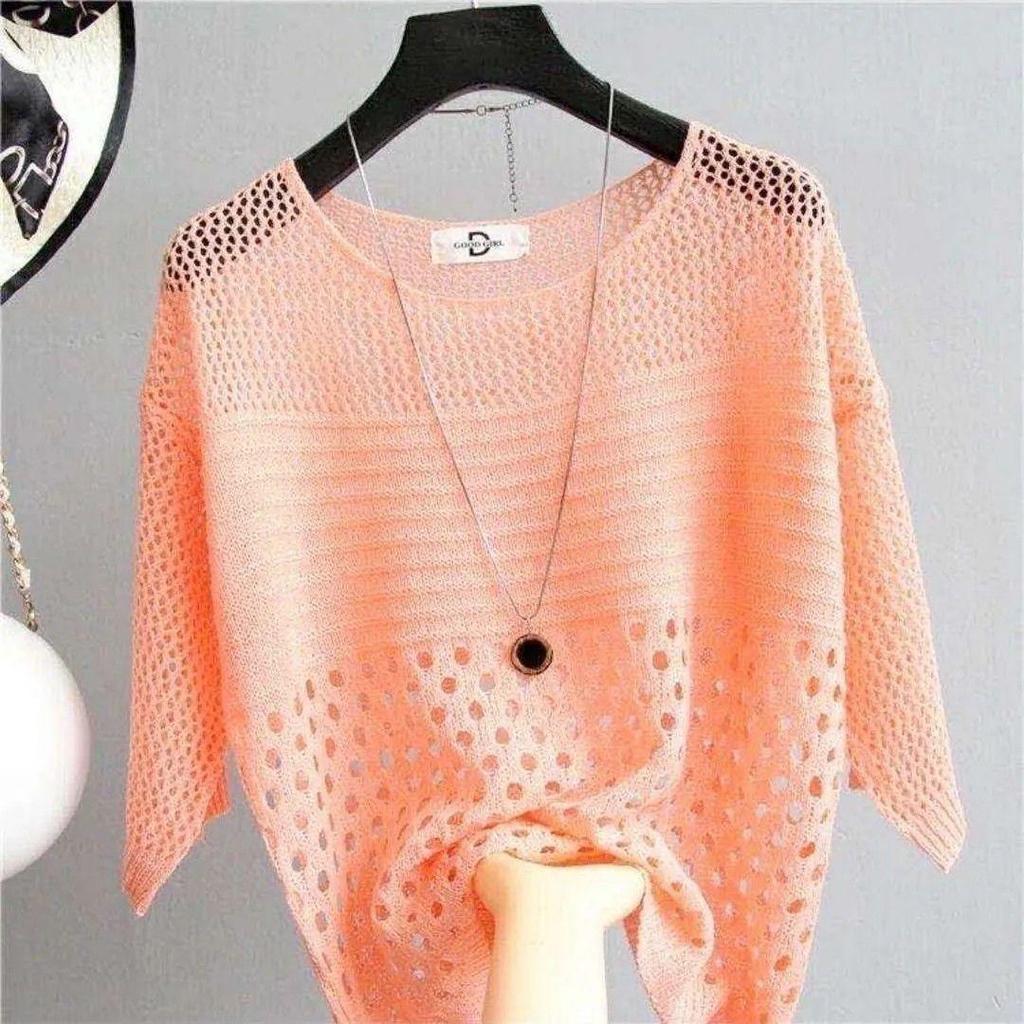 Trend Multicolor O-Neck Hollow Stripe Knit Thin Sweater T-shirt Crochet Cover Up Top Summer Crop Top Sweet Casual Women Clothes
