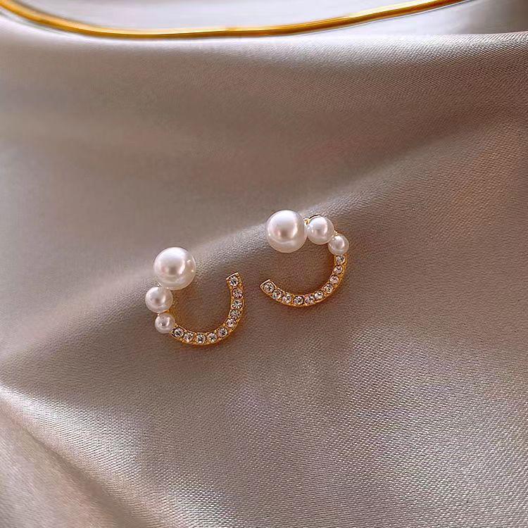 925 Silver Needle Temperament High-end Full Diamond Pearl Earrings Women's ins Wind Geometric Earrings Korean Light Luxury Earrings