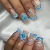 24Pcs Blue French Press On Nails With 3D Carved Flower Leopard Print Square False Nails For Women