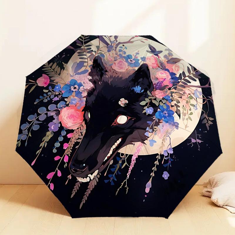 1pc Wolf Flowers Automatic Folding Umbrella 8 Rib Iron Frame, Compact Portable Umbrella Suitable for Travel, Daily Use, Birthday, Women & Men Gift 022