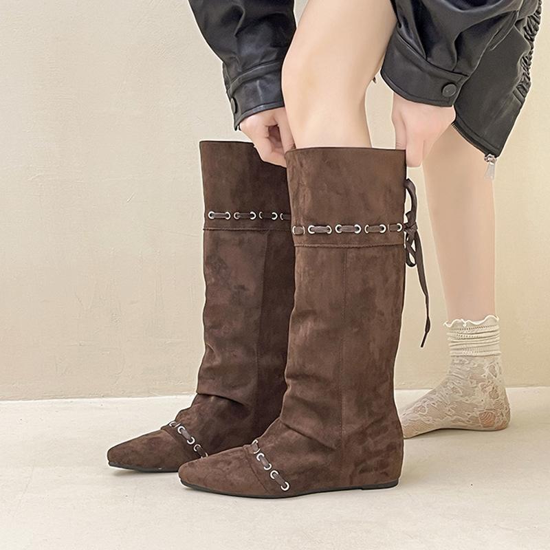 Retro Suede Lace-up Splicing Stacking Boots Women's Autumn and Winter Design Sense Pointed Buckle Metal Buckle Western Boots Knight Boots